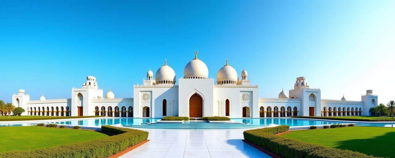 Panoramic view of Qasr Al Watan, showcasing its majestic white domes and intricate Arabian architecture under a clear blue sky.