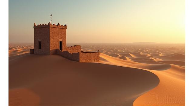 Ancient desert fort amidst vast dunes, part of a cultural trail