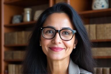 Professional headshot of Dr. Leila Khan, a scholarly woman with glasses, a thoughtful expression, in an office setting.