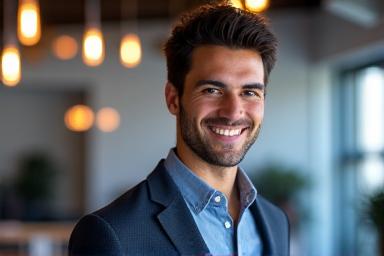 Professional headshot of Omar Saad, a young, innovative man with a creative look, in a collaborative workspace.